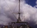 The 30 foot tall discone antenna that is on the bow of the USS Missouri and is used by KH6BB and its guest operators.