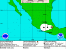 This graphic from 7 PM CDT on September 17 shows an approximate representation of coastal areas under a hurricane warning (red), hurricane watch (pink), tropical storm warning (blue) and tropical storm watch (yellow). The orange circle indicates the current position of the center of the tropical cyclone. The black line, when selected, and dots show the National Hurricane Center (NHC) forecast track of the center at the times indicated. The dot indicating the forecast center location will be black if the cyclone is forecast to be tropical and will be white with a black outline if the cyclone is forecast to be extratropical. If only an L is displayed, then the system is forecast to be a remnant low. The letter inside the dot indicates the NHC's forecast intensity for that time. 