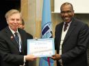 J. Kenneth Pulfer, VE3PU (left) and ITU Secretary General Dr Hamadoun Touré, HB9EHT, at the annual banquet of the International Amateur Radio Club in February 2012. Pulfer passed away on March 31. [Photo courtesy of the ITU]